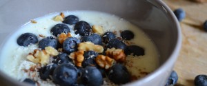 Yoghurt met blauwe bessen, lijnzaad, chai, kokos en walnoten